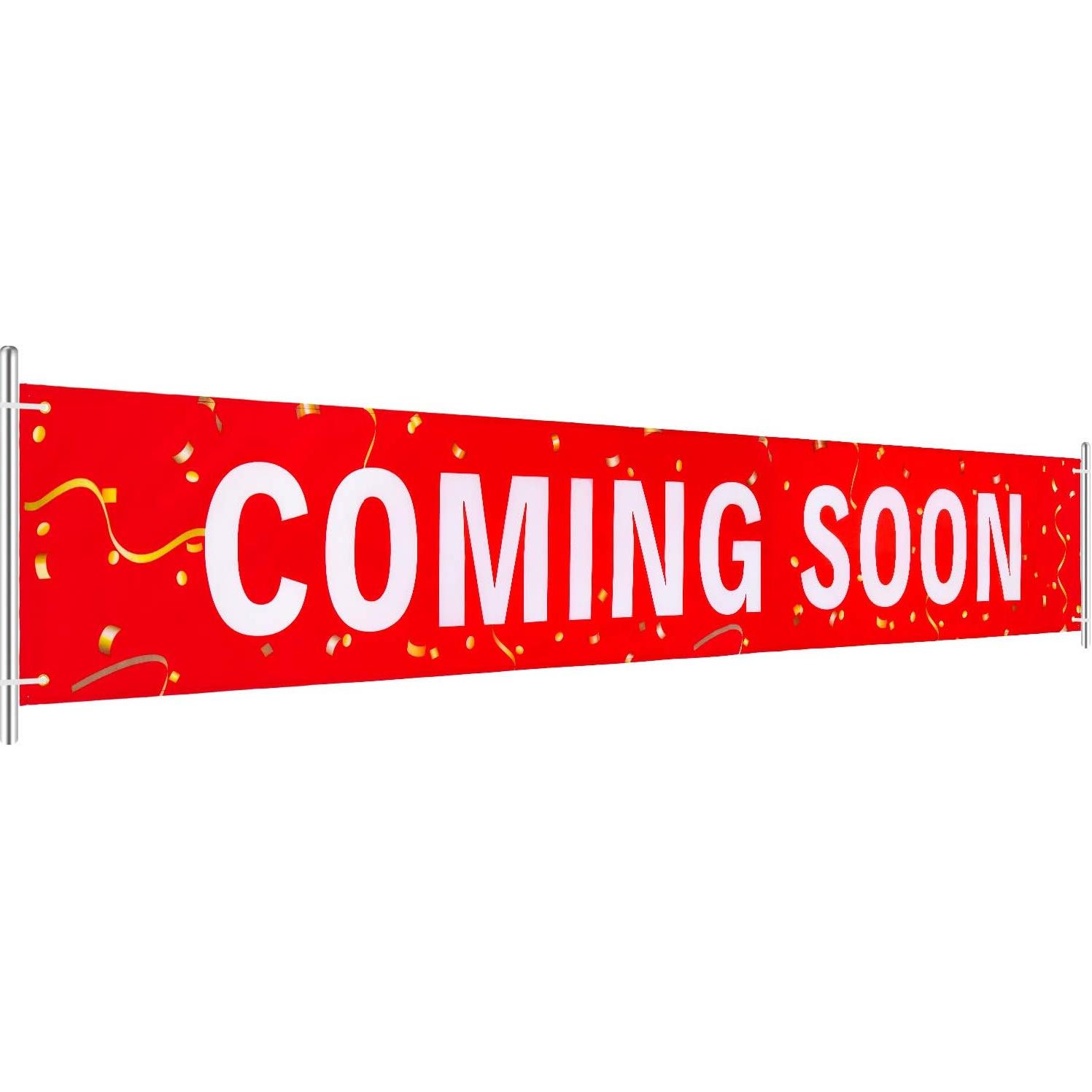 Large Coming Soon Sign Banner Outdoor Indoor Signs Polyester Oxford Cloth Coming Soon Hanging Banner with Bright Letters for Business, Shop, Store