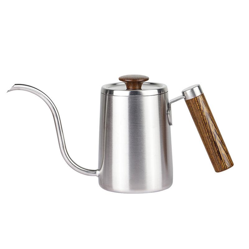 600ML Hand Brewing Pot Gooseneck Kettle Spout Espresso Coffee Tea Milk Pot Wooden Handle 304 Stainless Steel Coffee Pot for Home