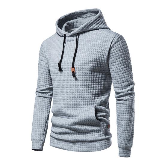 Long Sleeves Drawstring Pocket Waffle Fabric Men Sweatshirt Spring Autumn Plaid Quilting Solid Color Hoodie
