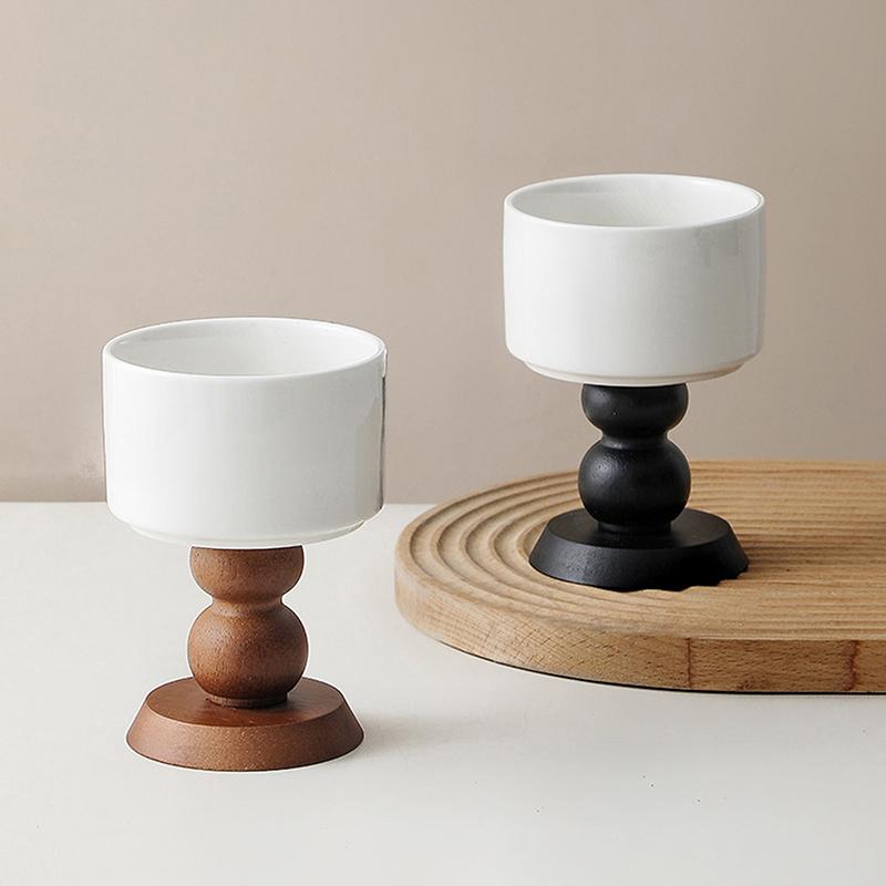 French Vintage Dessert Ice Cream Ceramic Goblet High-Legged Retro Wooden Handle Tea Fruit Saucer Pudding Cup Candle Holder