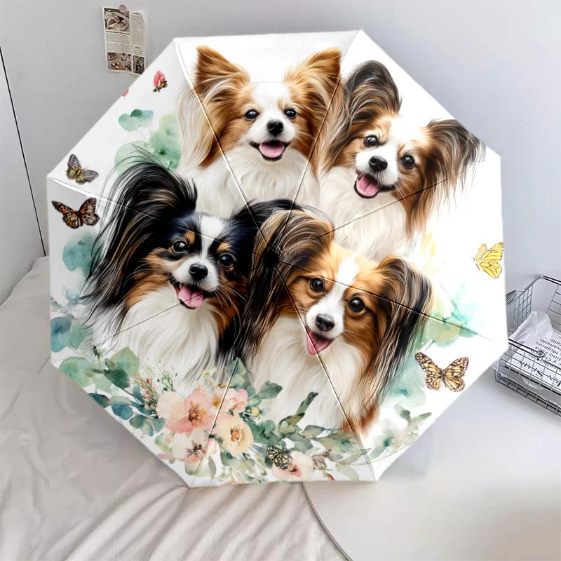 Papillon with Tongue Sticking Out  Pattern, Automatic Folding Umbrella, Portable and Foldable Design, 8 Ribs, a Christmas or Birthday Gift.