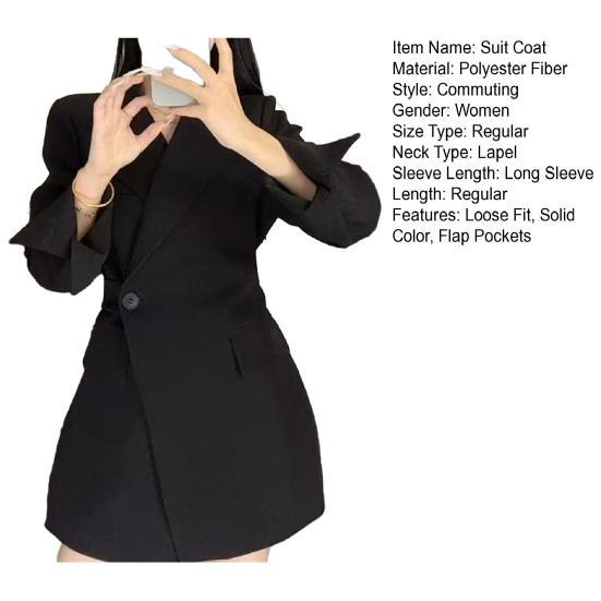 Women Suit Coat Lapel Long Sleeve Side Buttons Placket Suit Jacket Solid Color Loose Fit Basic Business Outerwear