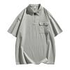 Men's Light Grey Half Zip Short Sleeve Polo Shirt, Casual Loose Fit Pocket Detail Textured Top