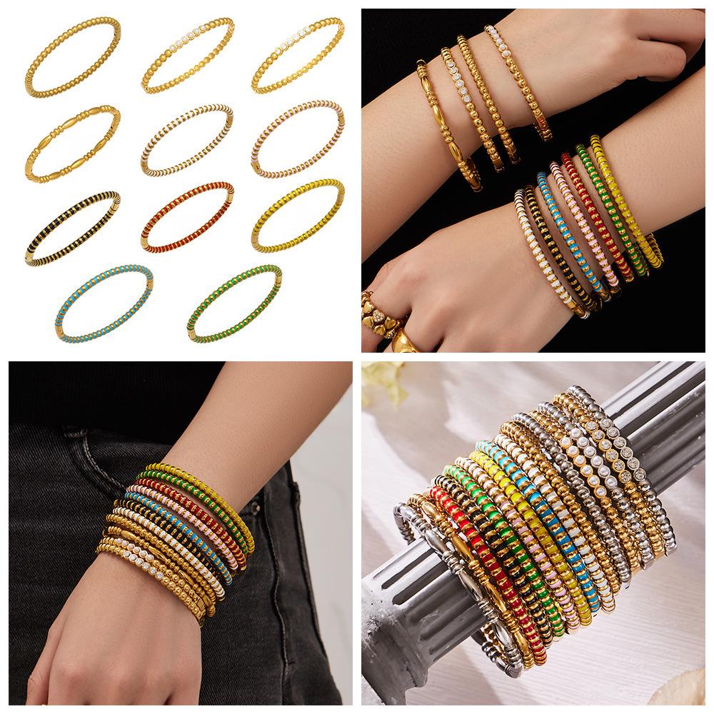 Geometric Circle Zircon Mother-of-Pearl Bead Bracelet, 18K Gold-Plated Stainless Steel