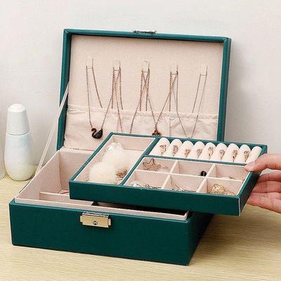 Doppelschichtige Schmuckaufbewahrungsbox aus Leder für Halsketten, Ringe und Uhren