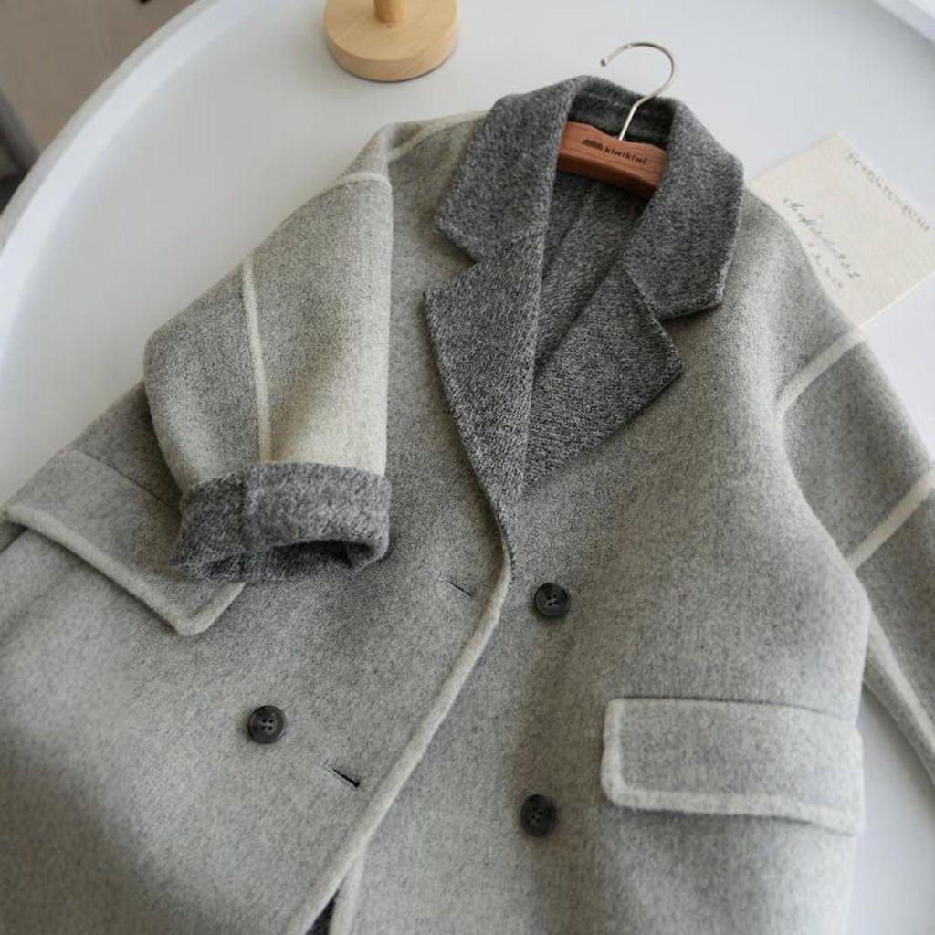 Kids' Korean-Style Gray Faux Cashmere Wool Coat for Autumn/Winter 2025 - Fashionable Double-Sided Woolen Jacket for Boys and Girls
