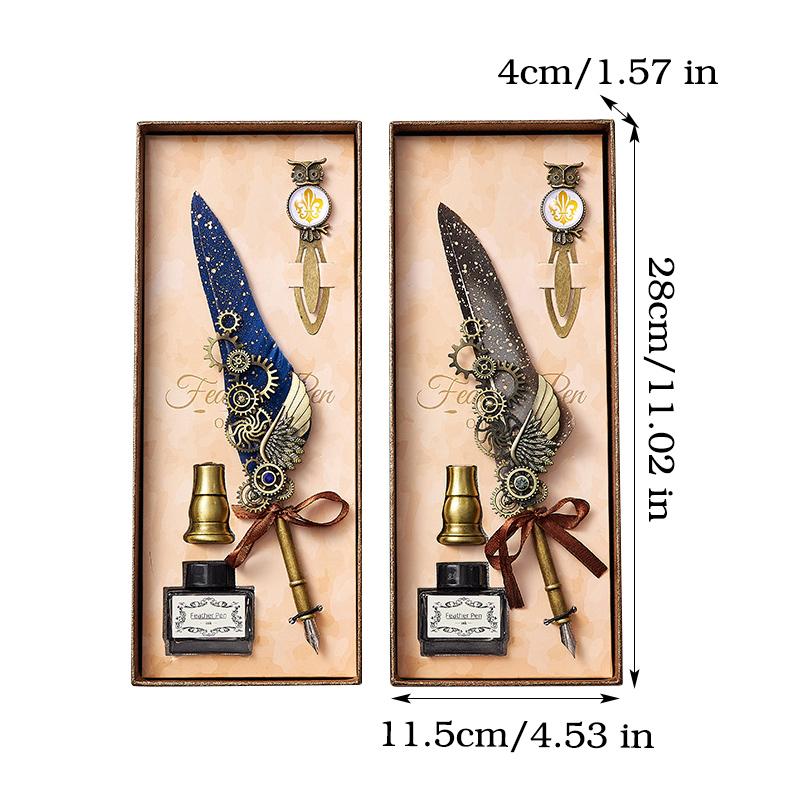 Vintage Mechanical Feather Dip Pen Set,Ink-Containing,Penholder,Bookmark,Art Calligraphy Signature Pen Holiday Gift Giftboxed