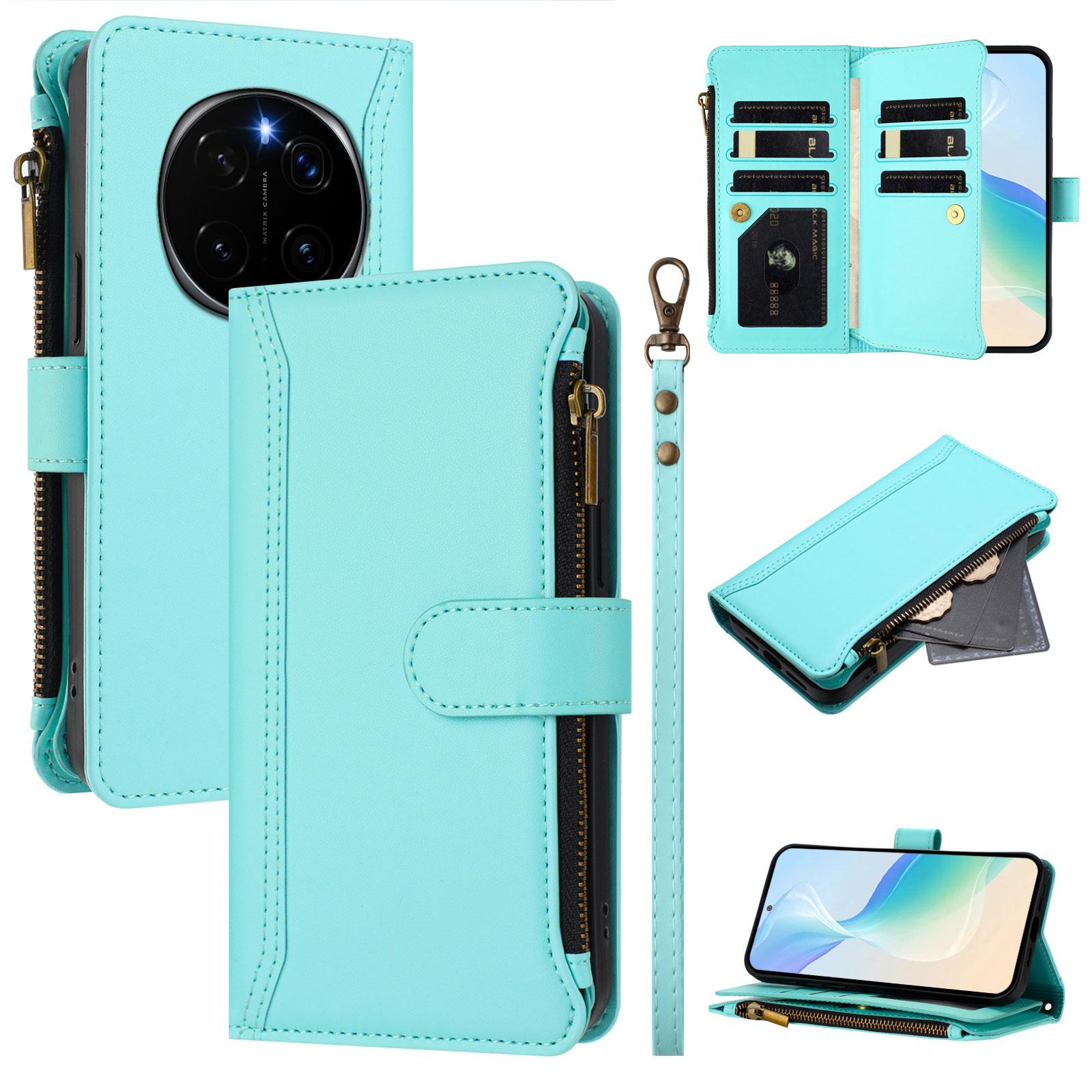 

For Honor Magic7 Pro 5G Leather Case 9 Card Slots Zipper Wallet Stand Phone Cover with Wrist Strap E