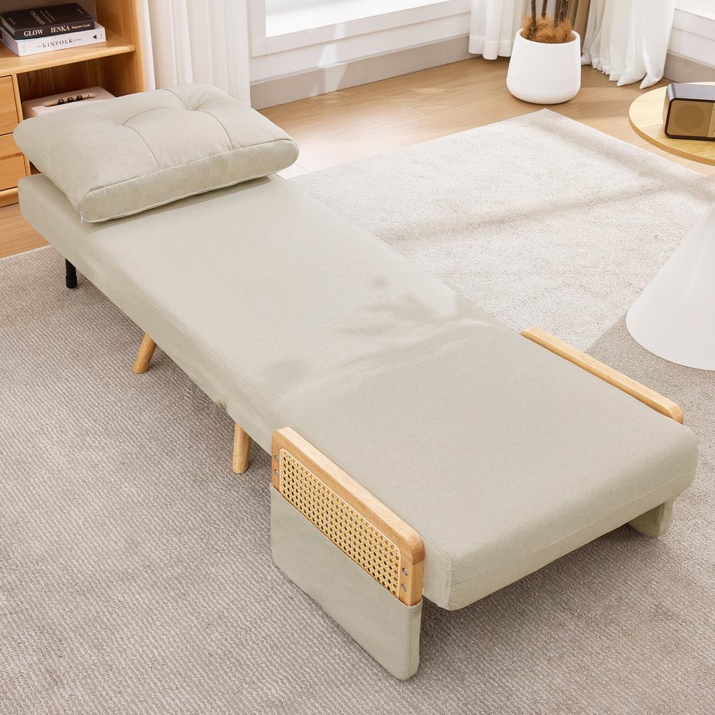 3-in-1 Sleeper Chair with Sleep Function, Foldable Relax Chair & Guest Bed, Lounge Chair with 5-Way Adjustable Backrest and Rattan Armrests, Beige.