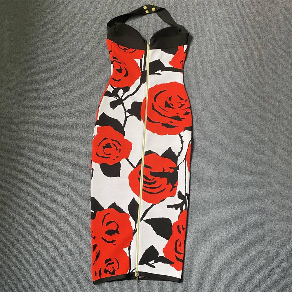 2024 Rose Jacquard Bandage Skirt: Sexy Halter Neck Dress with Gold Buttons