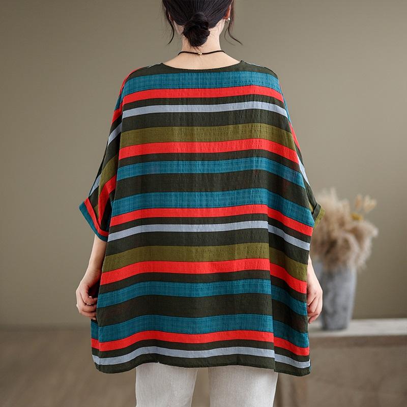 Short Sleeve Plus Size Cotton Vintage Stripe Casual Loose Long T Shirt Tops Women Summer T-shirt