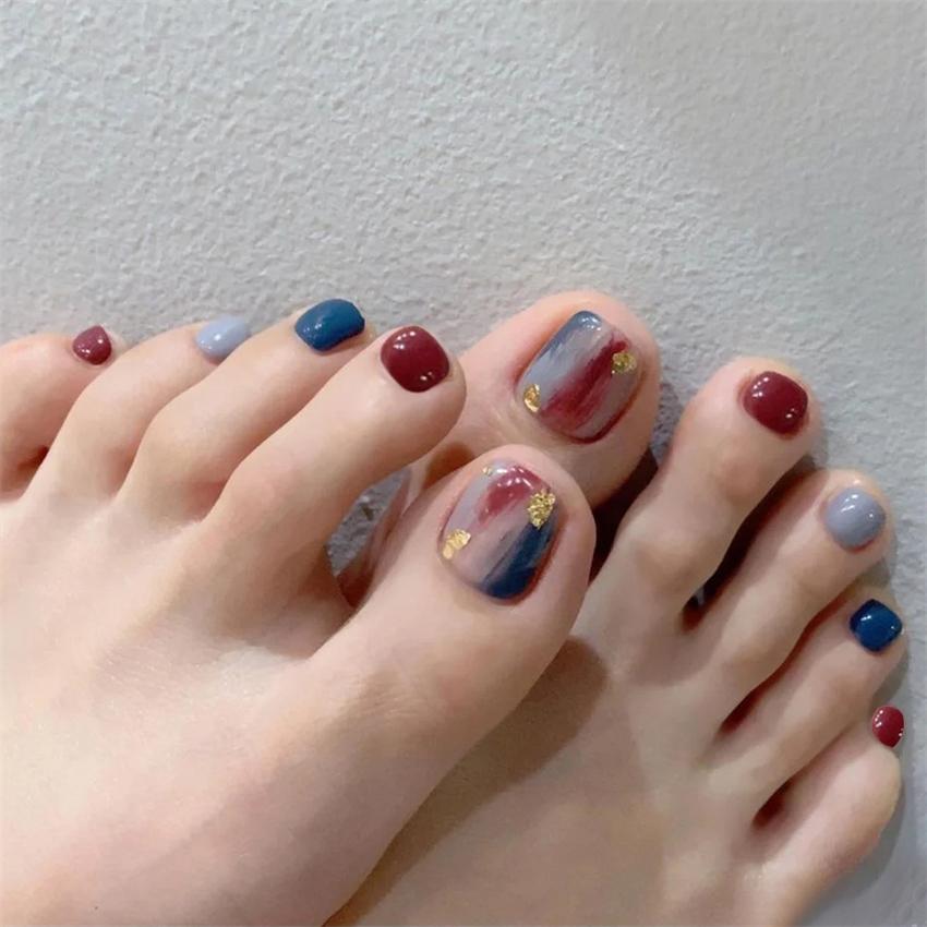 24Ps Glossy Lake Blue Press on Toe Nails Artificial Acrylic Fake Toenails Full Coverage Removable Wearable Toe Nail Art Finished