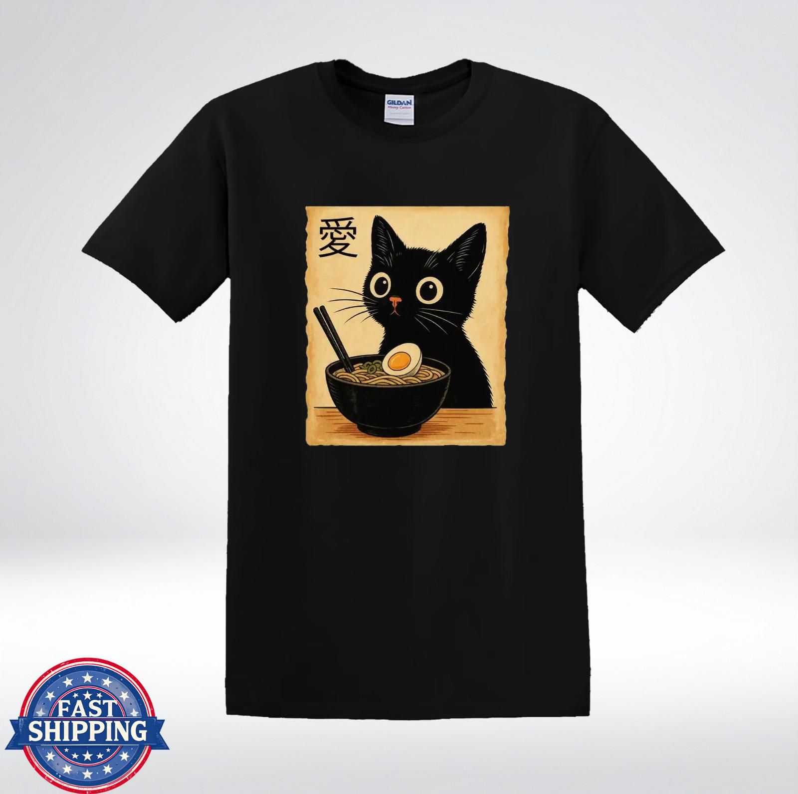 Cute Black Cat Ramen Shirt Japanese Kanji Love Aesthetic Graphic T-Shirt XL