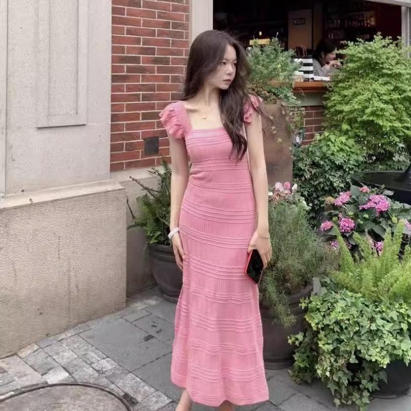 

Elegant Pink Long Dress with Slim Waist and Flutter Sleeves - Goddess Style S (Recommended for under 49 kg) розовый