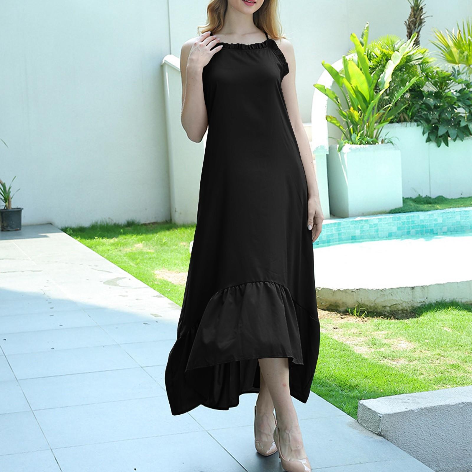 

Женская мода с кружевным вырезом и сплошным цветом, повседневные свободные длинные платья L чёрный