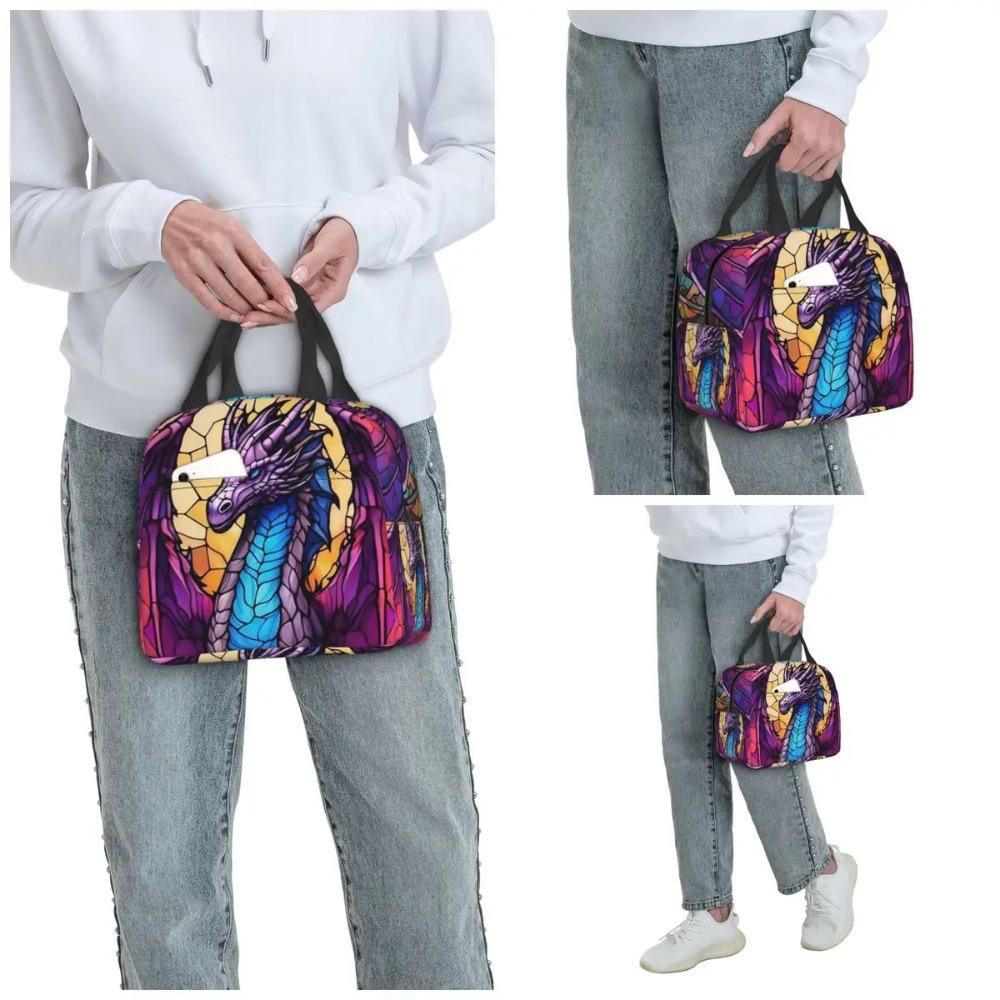 Glass Purple Dragon Pattern Insulated Lunch Bag for Women Office Cooler Thermal Food Box Tote Portable Lunch Boxes Container