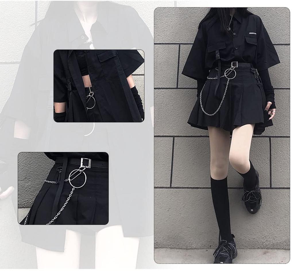 SHUMING Sommer locker kurzärmelig plissiert und koreanischer Street JK Harajuku Stil Damen Set, Passform, Massenprodukt Stil, Hemd, Rock, Gürtel, Lässig,