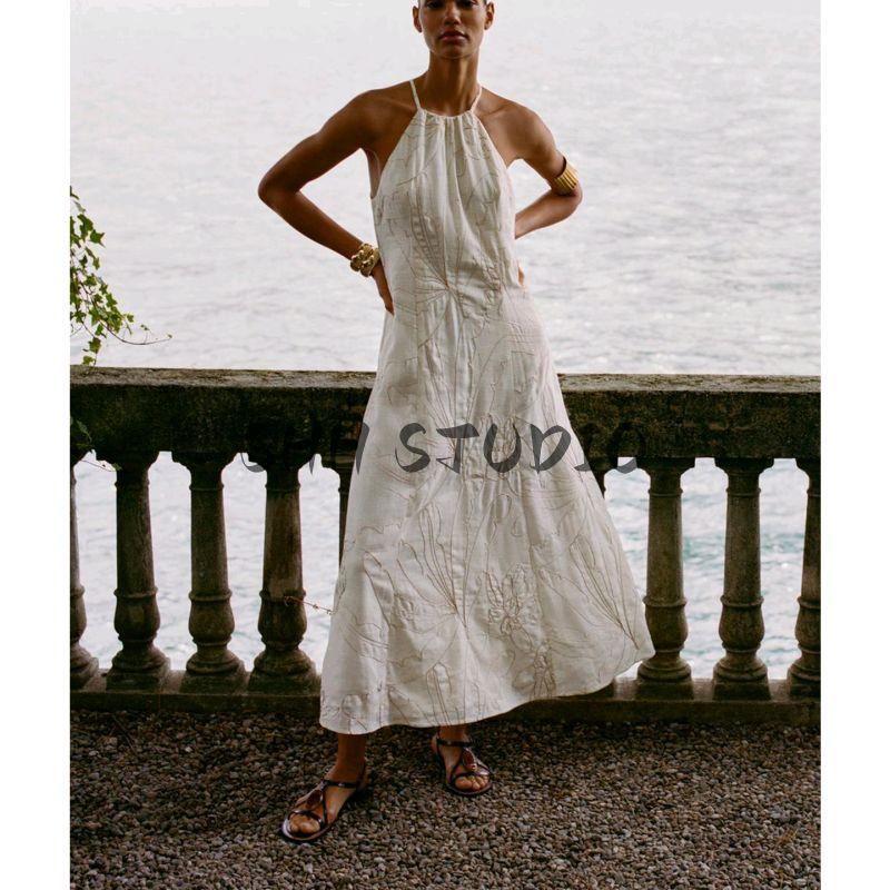 Summer New Product Women's Clothes Vacation Style Metal Color Thread Flower Embroider Hanging Collar Long Dress 8308853