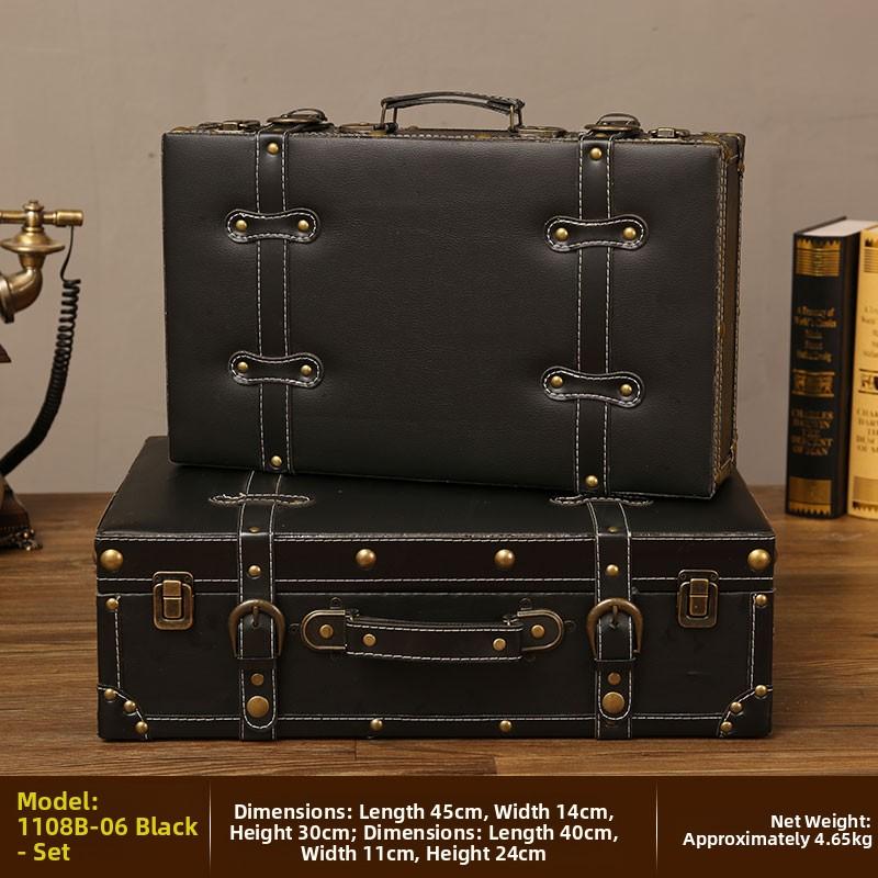 Retro European Wooden Handheld Storage Box Luxury Leather Suitcase Display Prop Box Family Storage Tools Wooden Case Leather