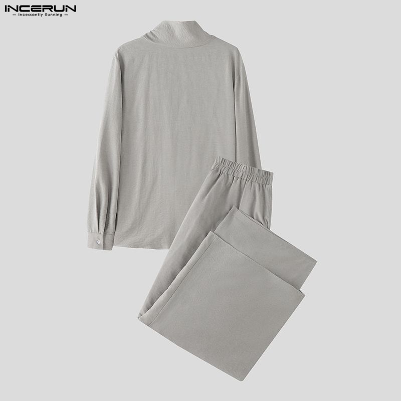 INCERUN 2PCS Men High Neck Long Sleeve Twisted T-shirt Long Ruffled Layers Pants Culottes Sets Outfits