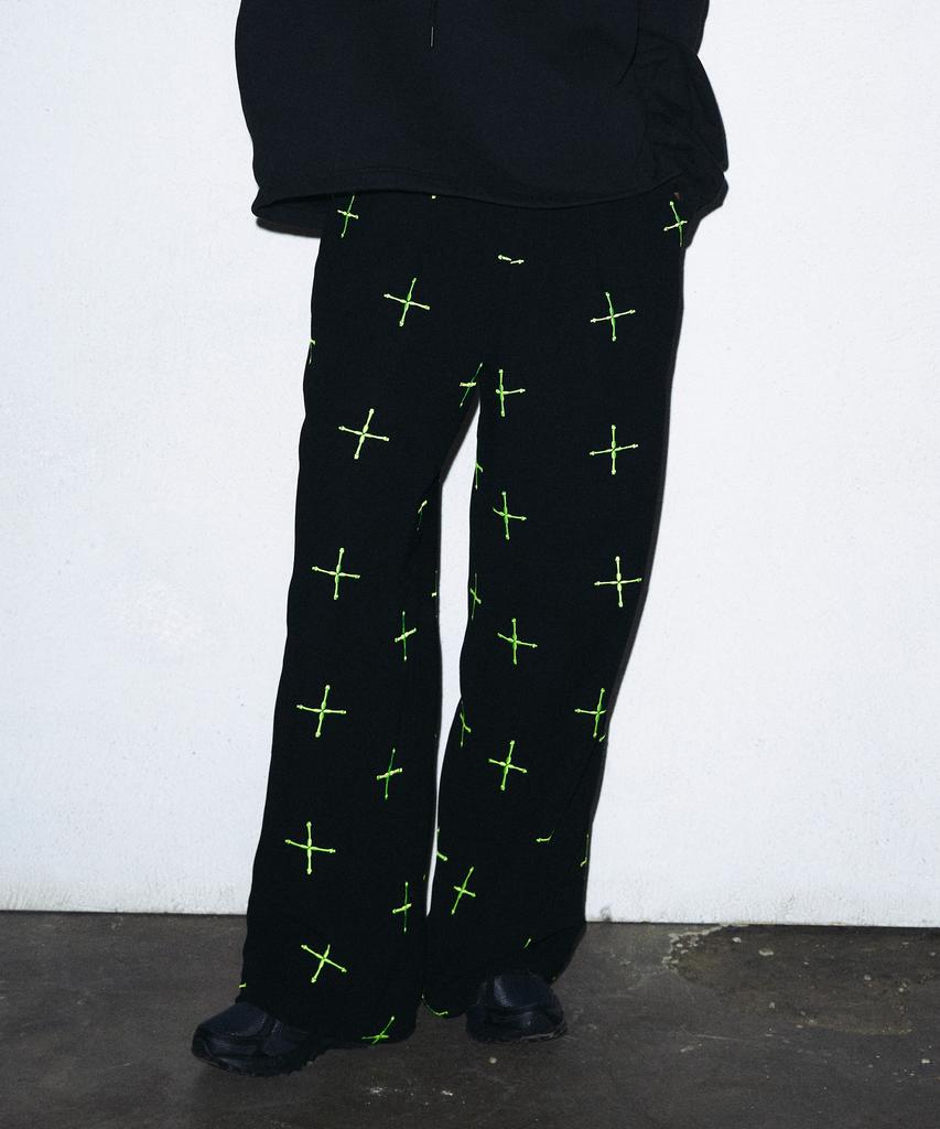 Fake Chemical Club Neon Green Cross Embroidery Wide Pants