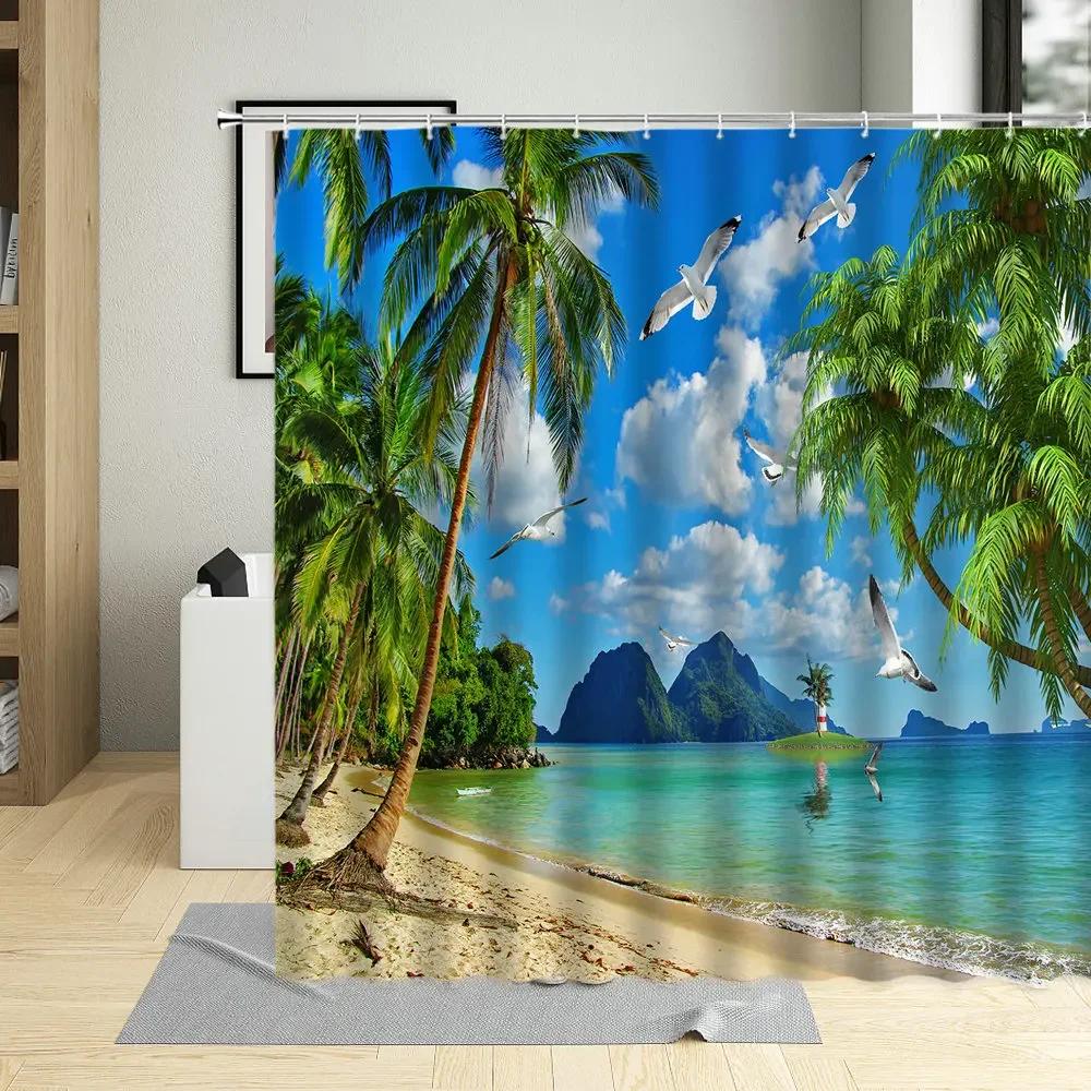 Summer Seaside Shower Curtain Sea Beach Shell Bathroom Decor Palm Tree Ocean Scenery Curtains With Hook Waterproof Wall Covering