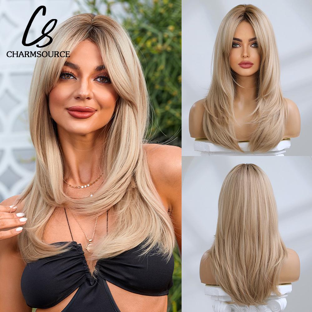 Natural Wavy Blonde Synthetic Wigs Medium Length Layered Hair with Side Bangs for Women Daily Party Cosplay Heat Resistant Fiber