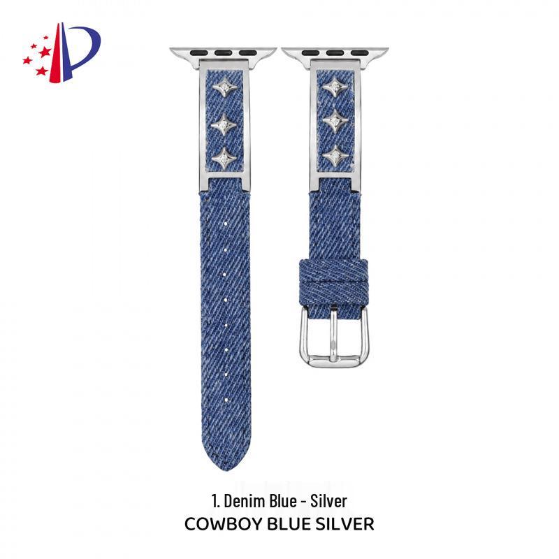 Starry Denim Leather Strap for Apple Watch 11, iWatch 109876E, Huawei GT6, and Xiaomi 9 Pro.