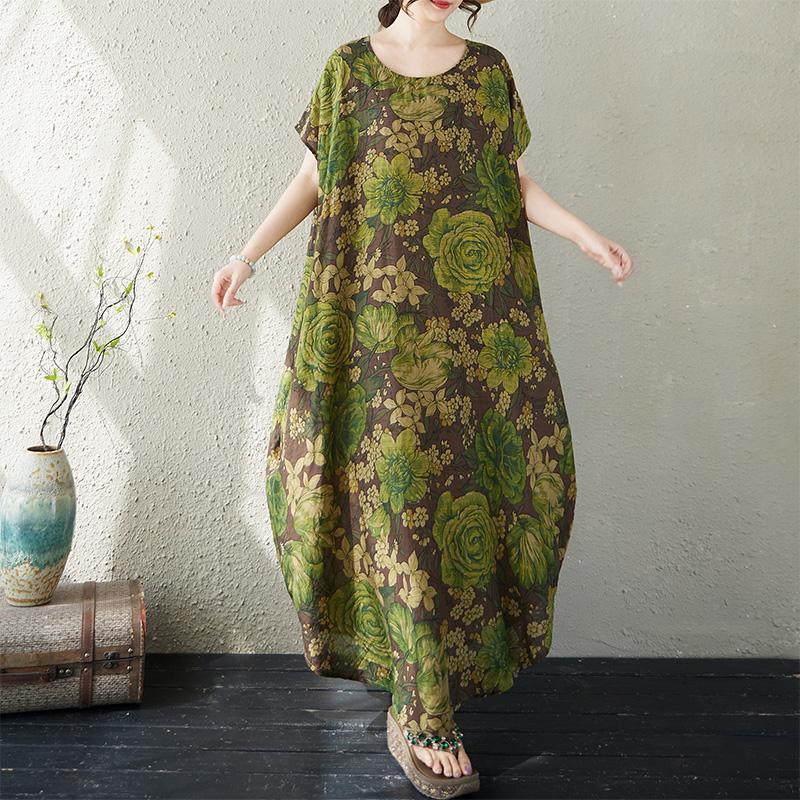 Kurzarm Plus Size Baumwolle Vintage Blumenmuster Neu in Kleidern für Damen lässig locker langes Sommerkleid