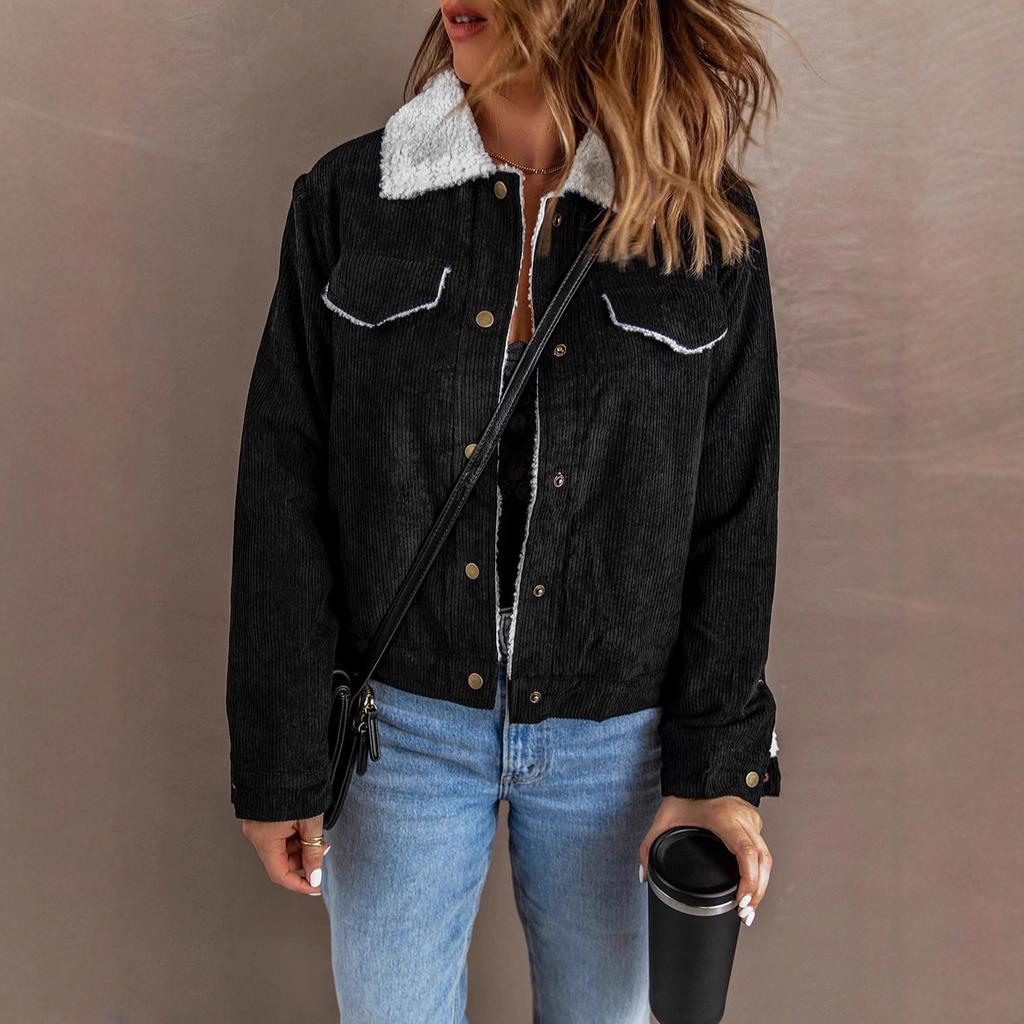 Hellbraune Cord-Truckerjacke mit Sherpa-Futter, Kragen- und Manschettenbesatz