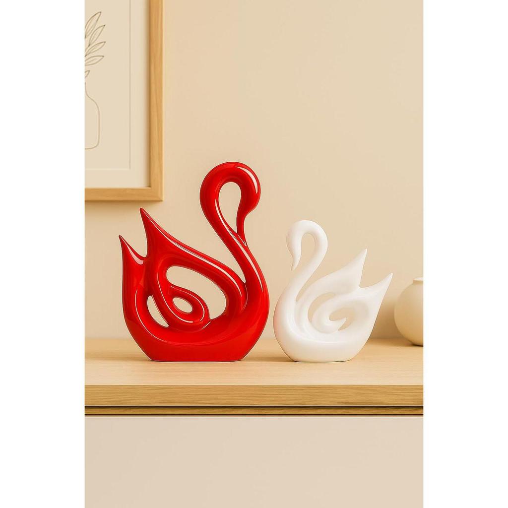 Lucky Swan Couple Piano Finish Ceramic Figures for Home Decor (Set of 2 Pc, Large, White & Red)