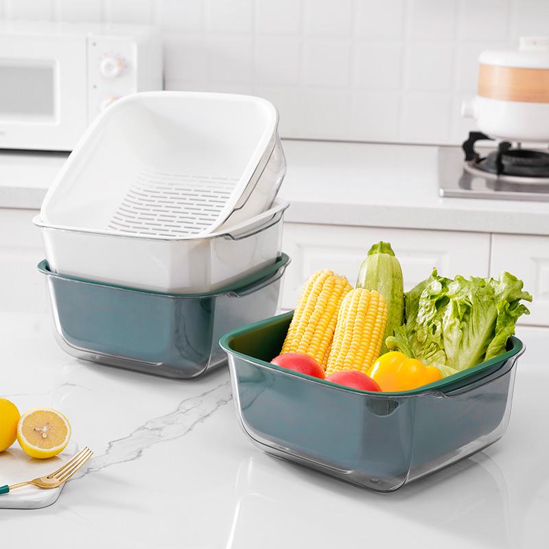 Double-Layer Drain Basket Set: 2-Piece Kitchen & Fruit Washing Basin
