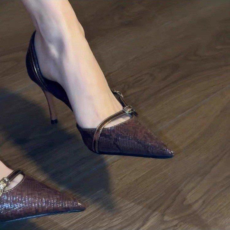 Fashion Small and Niche Design Pointed Thin Heel Snake Skin Pattern High Heels for Women  Retro Spicy Girl Belt Buckle Hollow Sandals