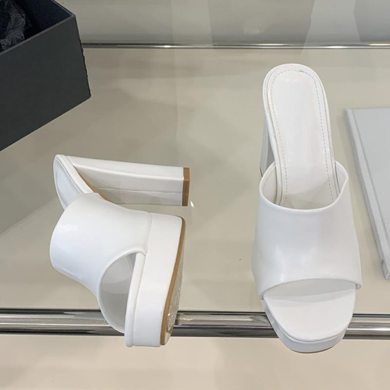 Fashion Liyke Summer Cozy PU Leather Women 12CM Slippers Thick Bottom Square Toe Platform High Heels Female Shoes Sandals Black White