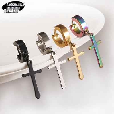Baosalina Titanium Steel Non-Pierced Men's Cross Ear Clips – Hypoallergenic Stainless Steel Earrings.