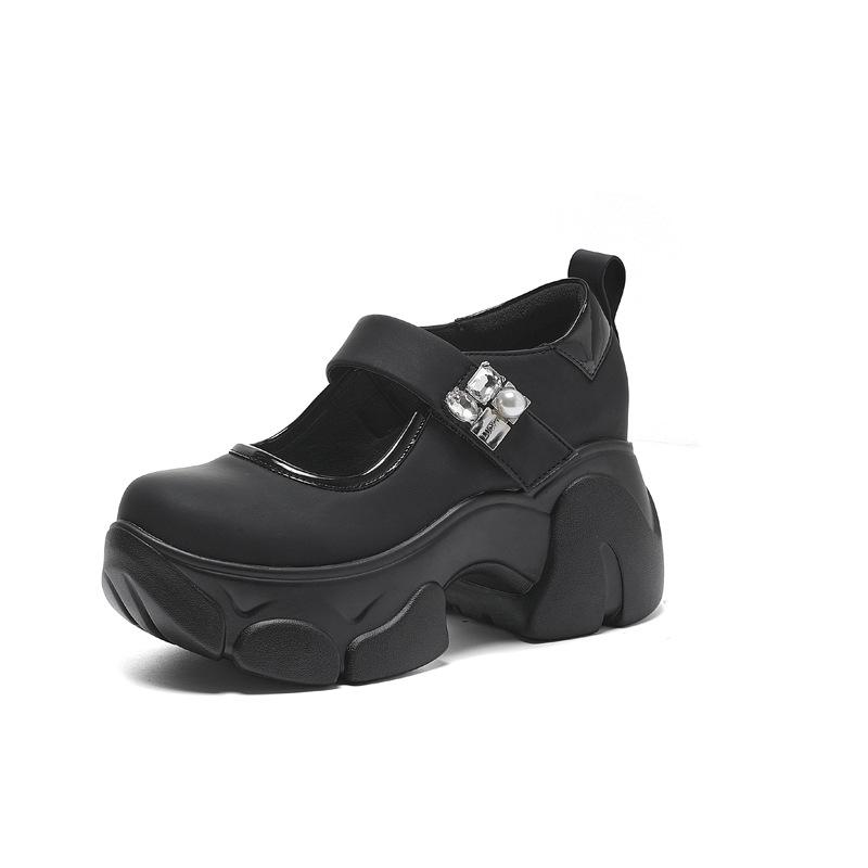 British style high-heeled Velcro small leather shoes women's autumn 2025 new thick-heeled waterproof table shallow mouth Mary Jane shoes