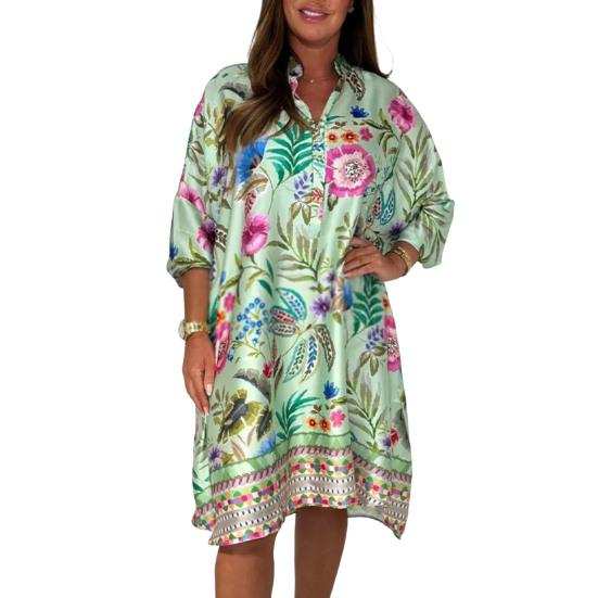Women's Plus Size Boho Dress Floral Print Short Sleeved Button Up V Neck Dress Knee Length Summer Casual Shirt Dress