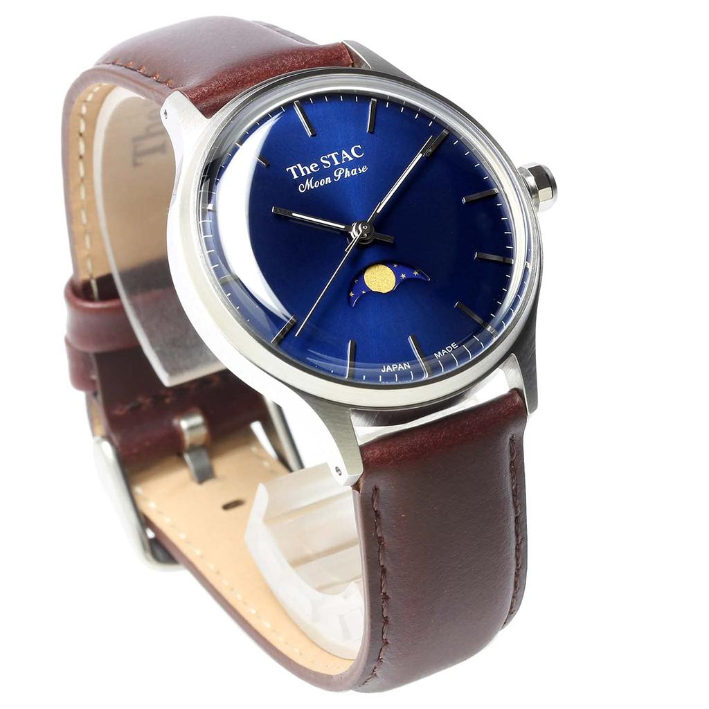 [The Stack] The STAC Made In Japan Domestic Watch 36mm Antique Retro Men's Women's Unisex Moon Phase Bar X Blue Brown ST-MF001