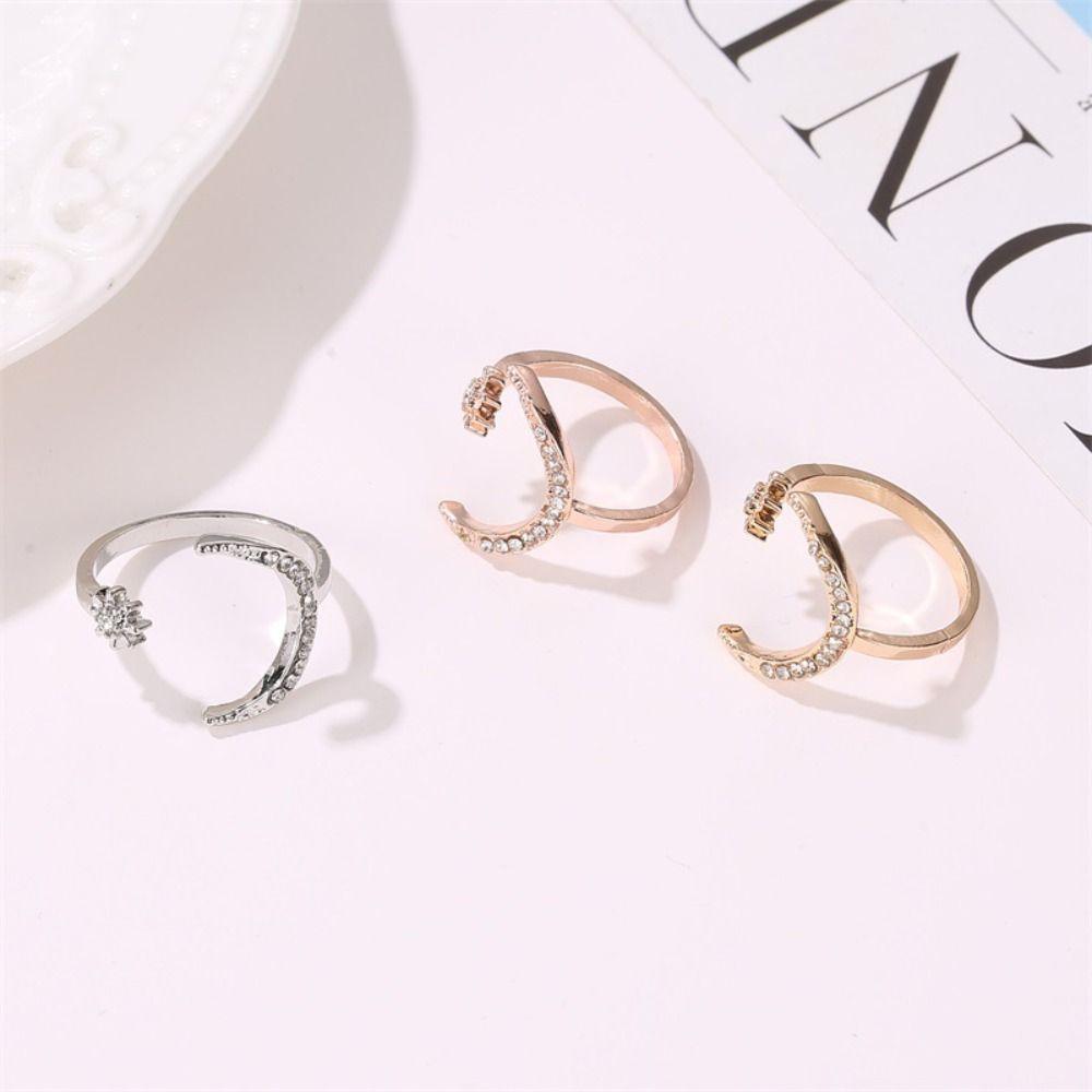 Korean Style Star Moon Opening Rings Rhinestone Crescent Moon Ring Personality Couple Ring  Couple
