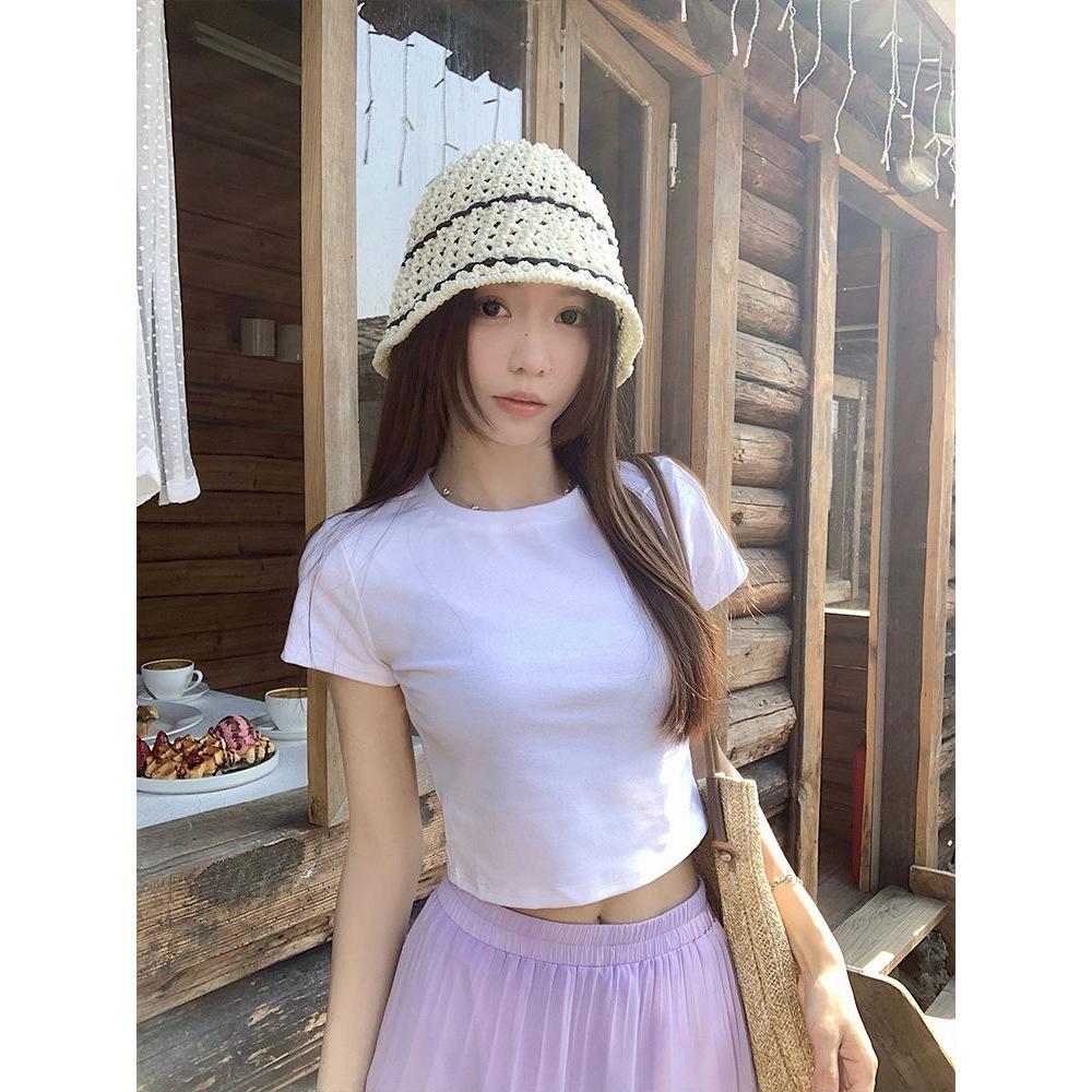 

Spice Girl Navel Short Sleeve T-Shirt Women, Summer New Sweet and Spicy Short Atmosphere Black Bottom Shirt Top M