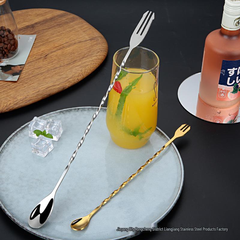 304 Stainless Steel Dual-Ended Bar Spoon and Fork for Stirring Cocktails and Milk Tea