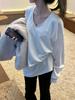 Women's White V-Neck Long Sleeve Loose Fit Mid-Length Shirt - Autumn Winter Layering Top