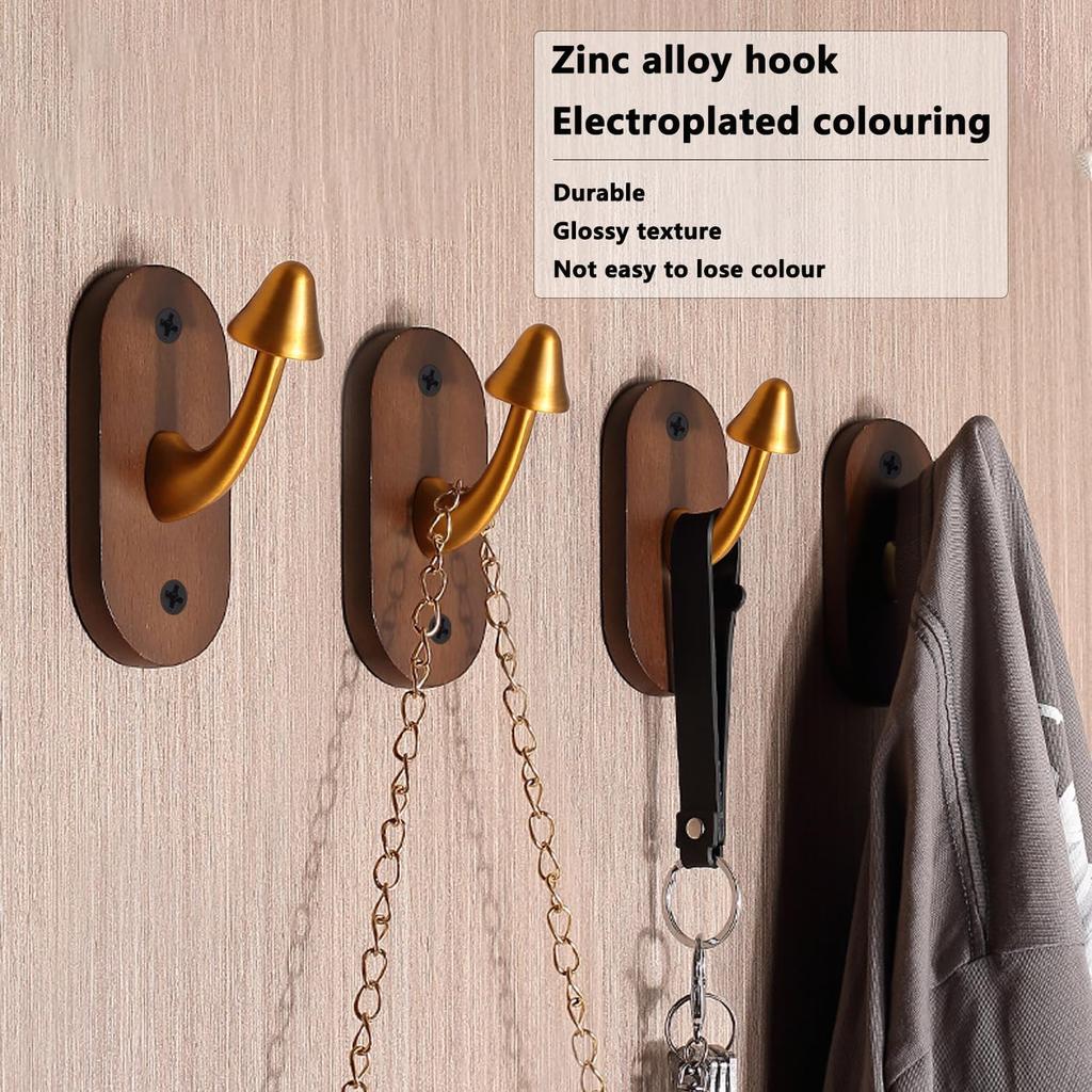 4 Pcs Mushroom Hooks, Mushroom Coat Hooks Wooden Base with Zinc Alloy Hooks To Highlight Vintage Feeling, Decorative Wall Hook Hooks for Hanging Coat