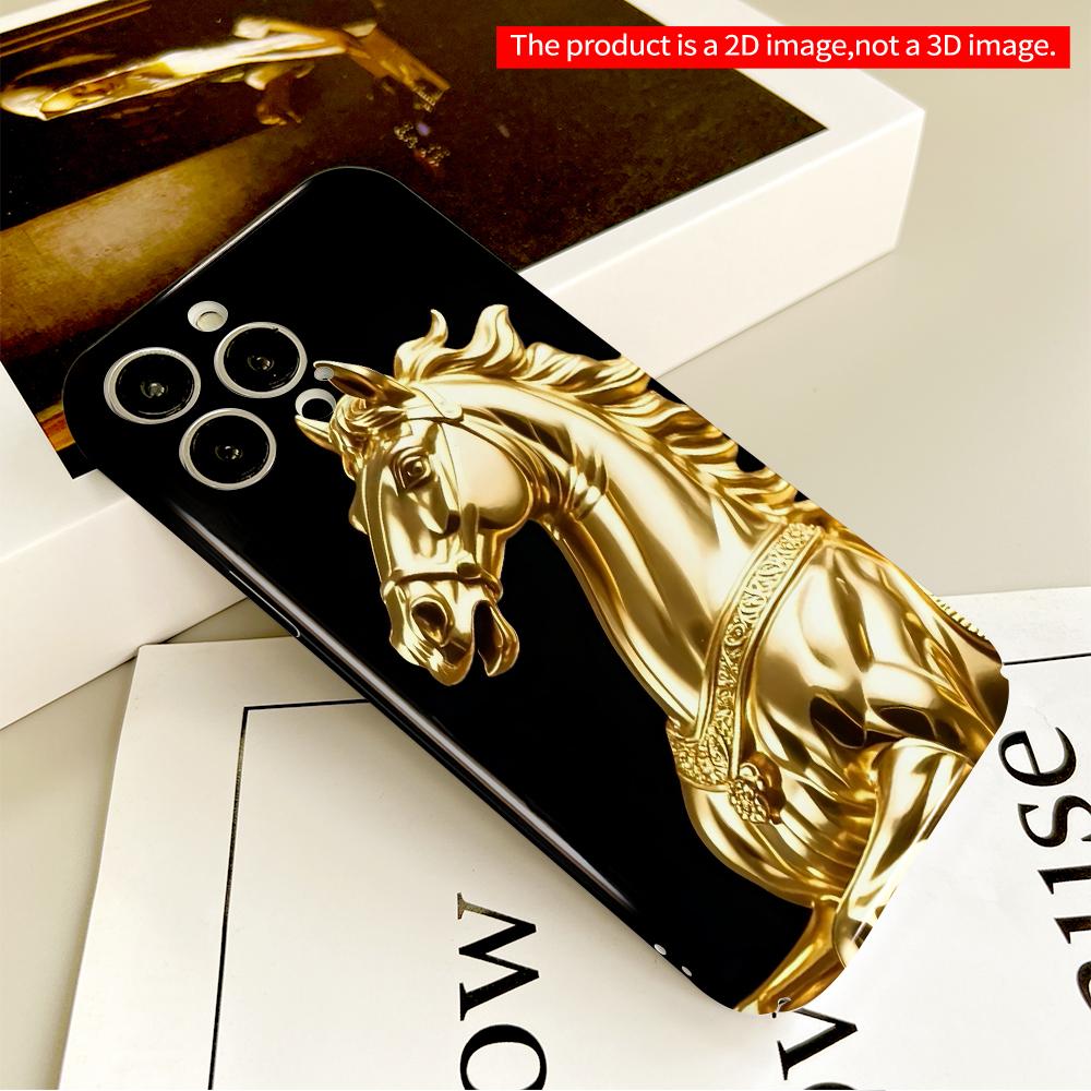 2DFlat Golden Horse Statue Phone Case All Inclusive Film Hard Phone Case, Compatible with iPhone 18 Pro Max 17 16 15 14 13 12 11