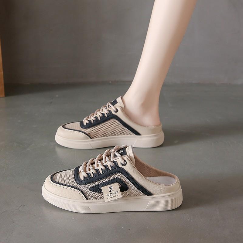 

Дышащие полузакрытые белые туфли женские на плоской подошве для улицы лето 2025 новая повседневная обувь сетка тапочки с закрытым носком для беременных женщин 34