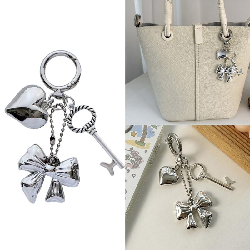 Elegant Heart Phone Bag Accessory Fashionable Silver Bowknot Keychain with Heart Charm Unique Keyrings Accessory