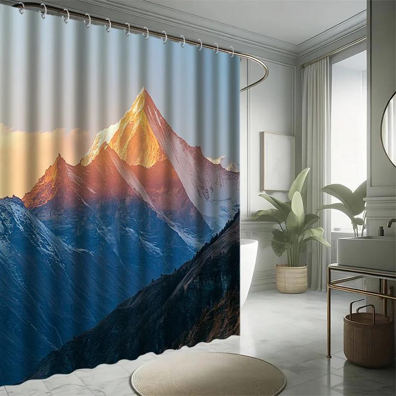 Rizhao Jinshan Shower Curtain Set - Golden Sunshine & Mountain Scenery,Includes 12 Hooks,Polyester Fabric, Modern Bathroom Decor
