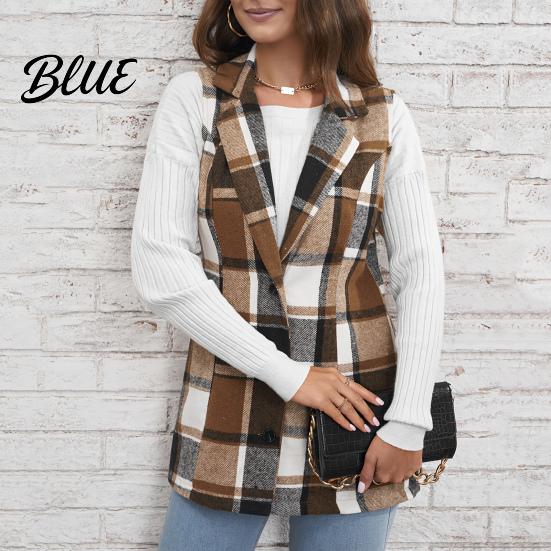 Single-breasted Coat Fall Spring Women Vest Plaid Printing Turn-down Collar Sleeveless Button Dark Tone Down Warm Mid Length Retro Waistcoat