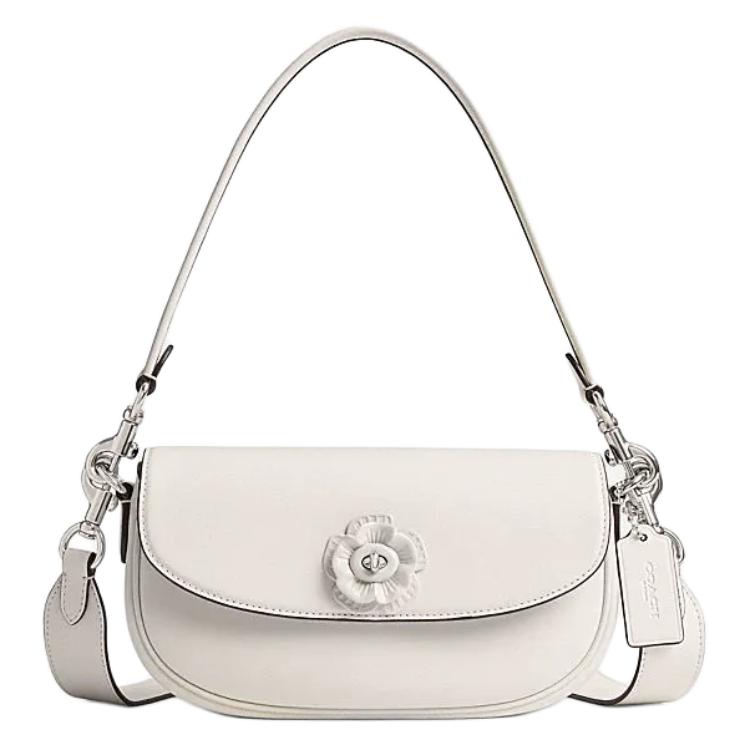 Coach Women's Pink/White Saddle Emmy 23 Tea Rose Pattern Turnlock Closure Leather Saddle Bag Handbags Cu032-Lhchk