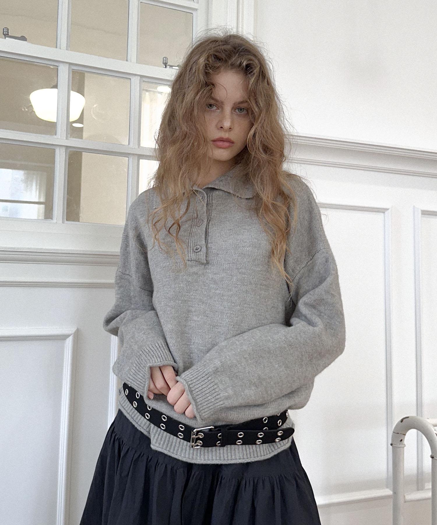 Delaidy Haze High Neck Button Knit (Gray)